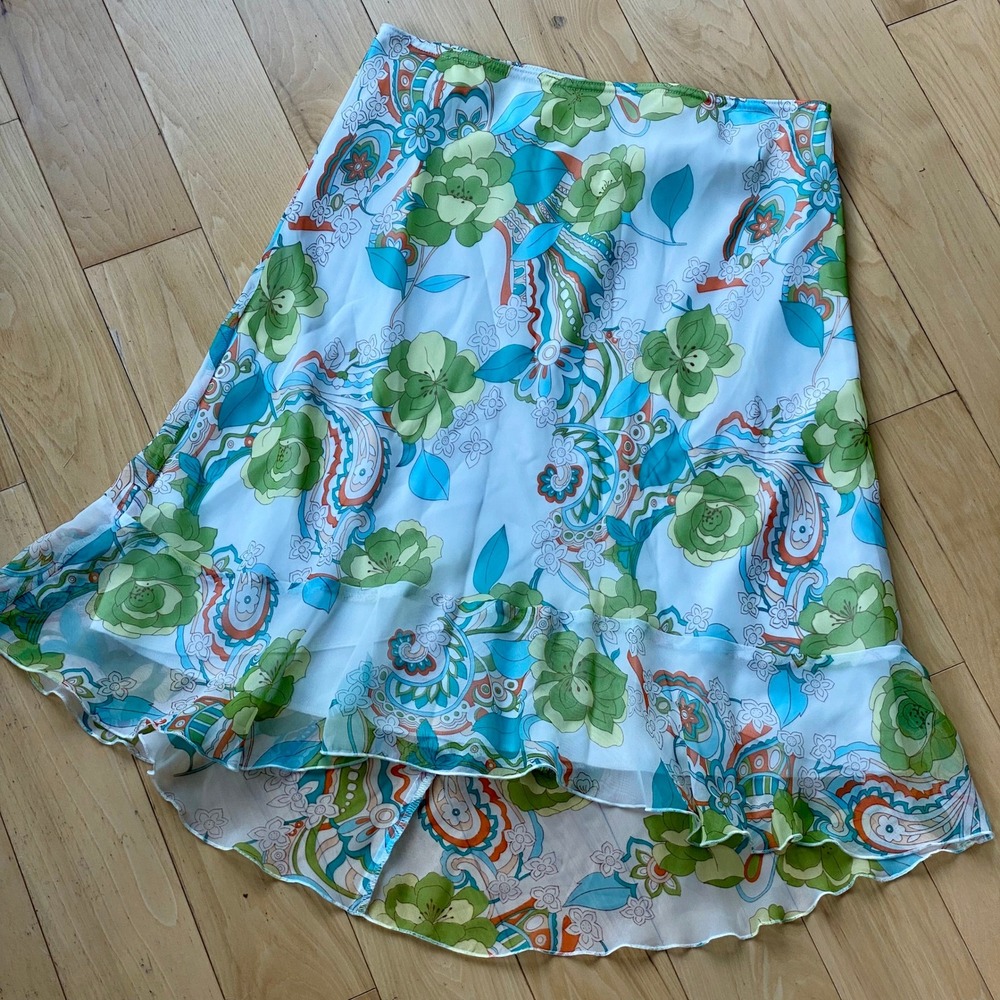 A-list by Wrapper Y2K Boho Blue Green Paisley Floral Ruffle Midi Skirt - Size 12